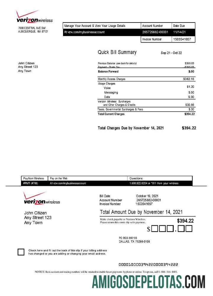 em branco Modelo de fatura da Verizon nos EUA